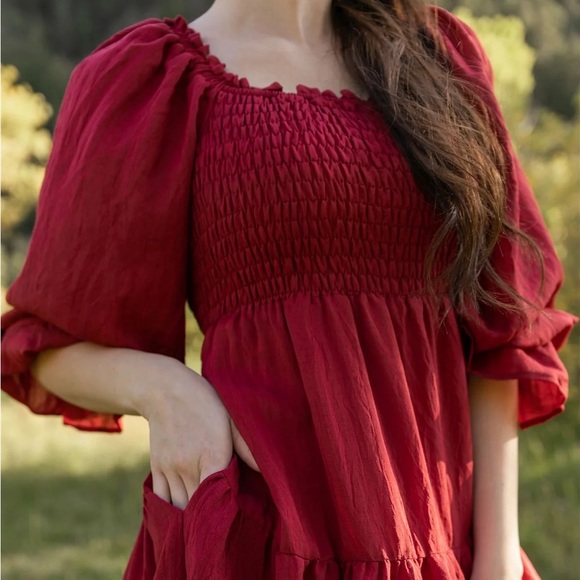 NWT Jovi Lynn Smocked Midi Dress with Pockets - Deep Red - Picture 9 of 9